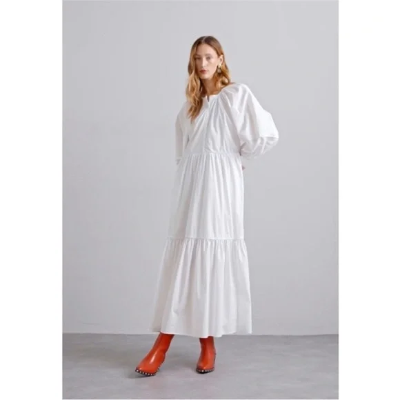 New STAUD Demi Dress White Tiered Maxi Cotton 3/4 Sleeves Size S - Picture 1 of 16